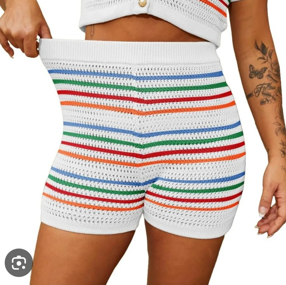 Striped Knit Crochet White Women Shorts